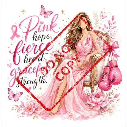 Woman in pink dress with boxing gloves, pink ribbons, and text about strength.