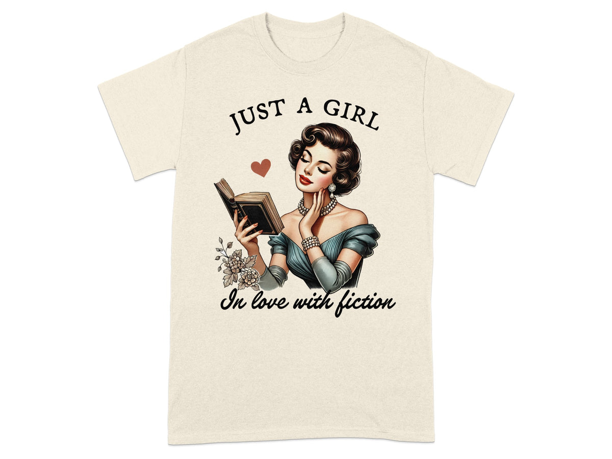 T-shirt with "Just a Girl" and woman reading, "In love with fiction".