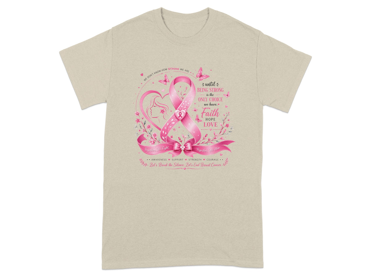 T-shirt with pink ribbon design, breast cancer awareness quotes, and butterflies.