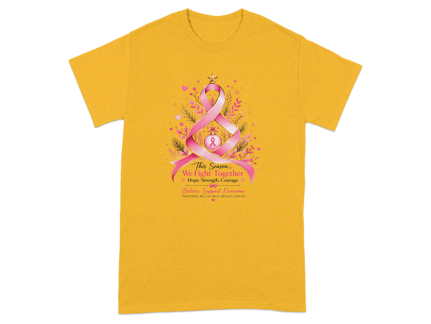 Yellow t-shirt with pink ribbon tree design and breast cancer awareness text.