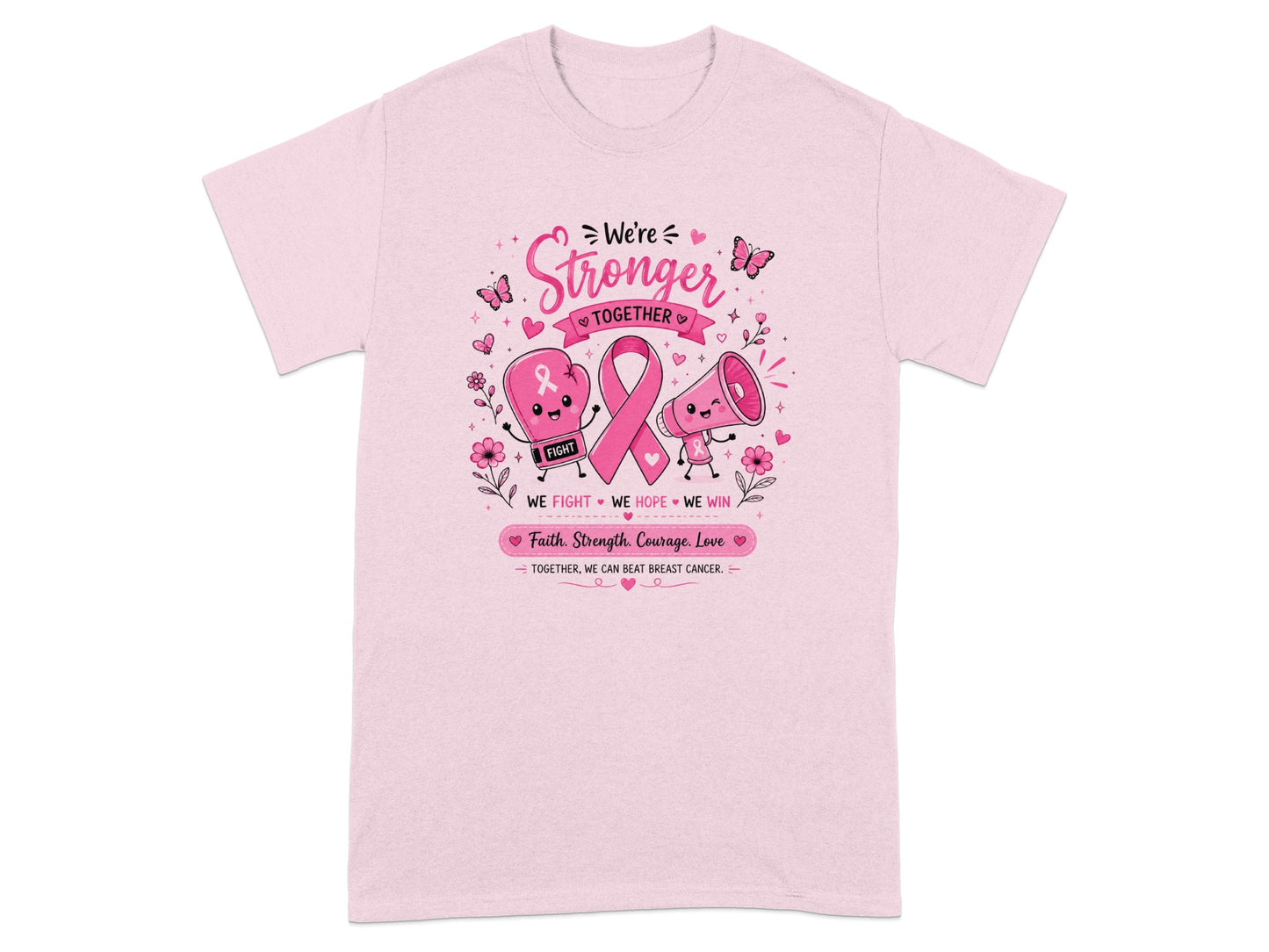 Pink t-shirt with "We're Stronger Together" and breast cancer awareness graphics.