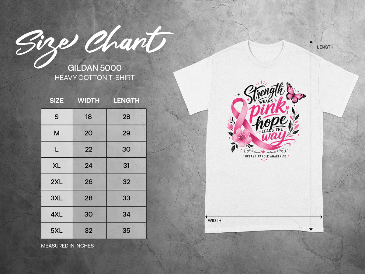 Gildan 5000 Heavy Cotton T-Shirt size chart with width and length measurements.