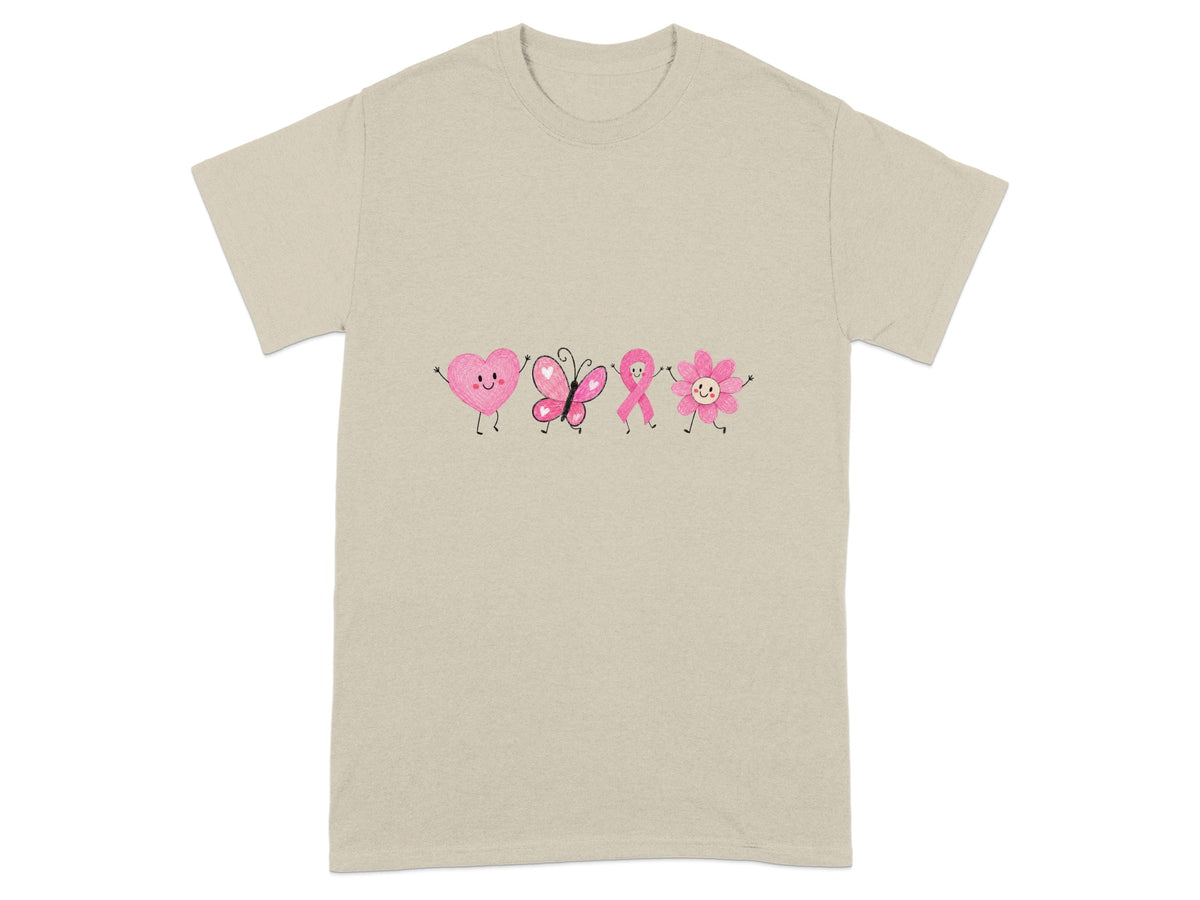 T-shirt with a line of pink cartoon hearts, butterfly, ribbon, and flower.
