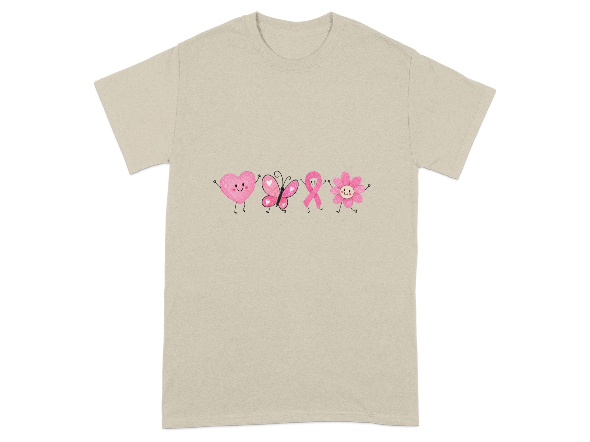 T-shirt with a line of pink cartoon hearts, butterfly, ribbon, and flower.