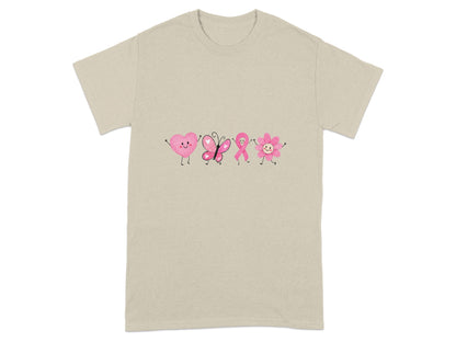 T-shirt with a line of pink cartoon hearts, butterfly, ribbon, and flower.