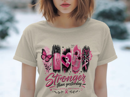 T-shirt graphic with butterfly, water bottle, heart, shoes, tree, and text.
