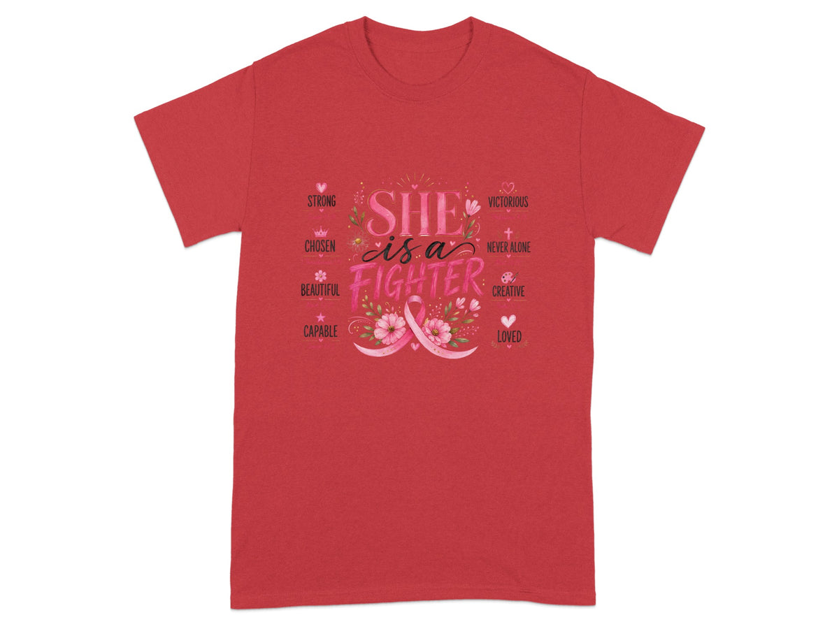 Red t-shirt with "She is a fighter" text and pink ribbon graphic.