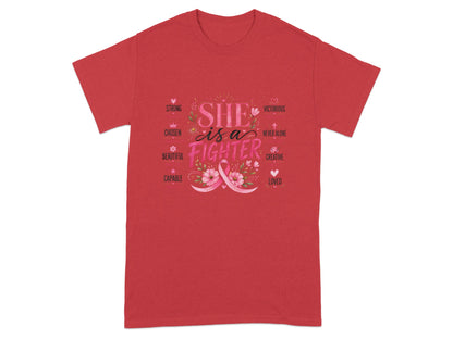 Red t-shirt with "She is a fighter" text and pink ribbon graphic.