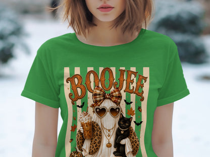 Ghost with heart sunglasses, leopard coat, holding drink and cat. "Boojee" text.