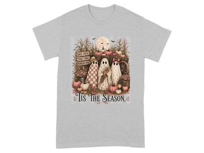 Three ghosts and pumpkins are in a wagon with text "Tis The Season".