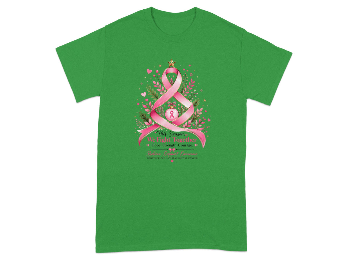 Green t-shirt with pink breast cancer ribbon tree design and inspirational text.