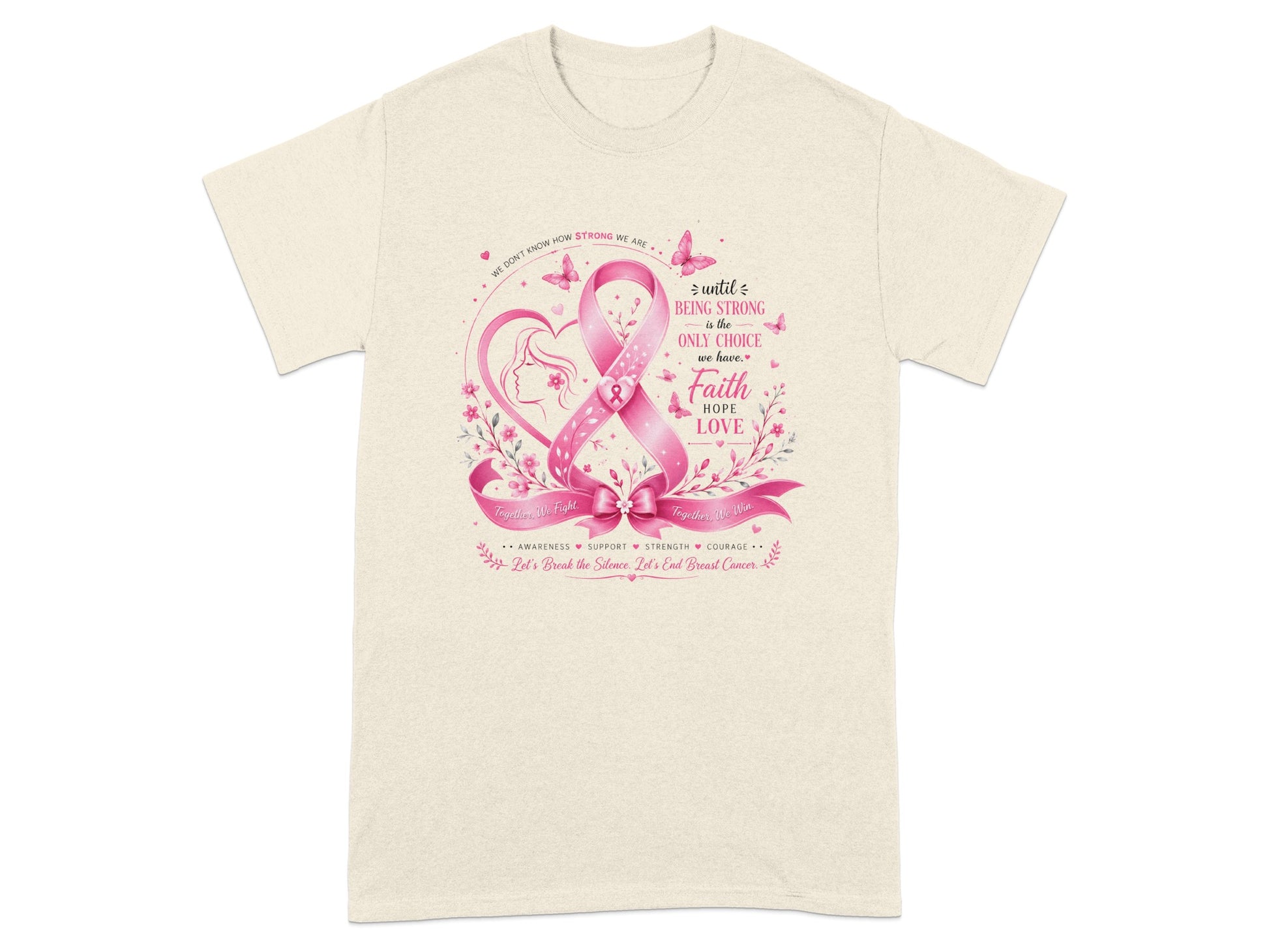 Pink ribbon with uplifting text "Faith HOPE LOVE" for breast cancer awareness.
