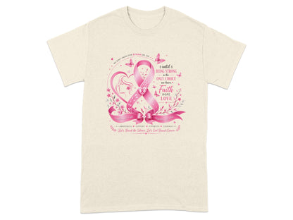 Pink ribbon with uplifting text "Faith HOPE LOVE" for breast cancer awareness.
