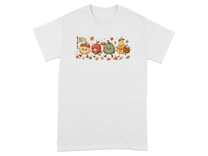 Autumn cartoon characters including a pumpkin, apple, and pear walk past a "Hello Fall" sign.