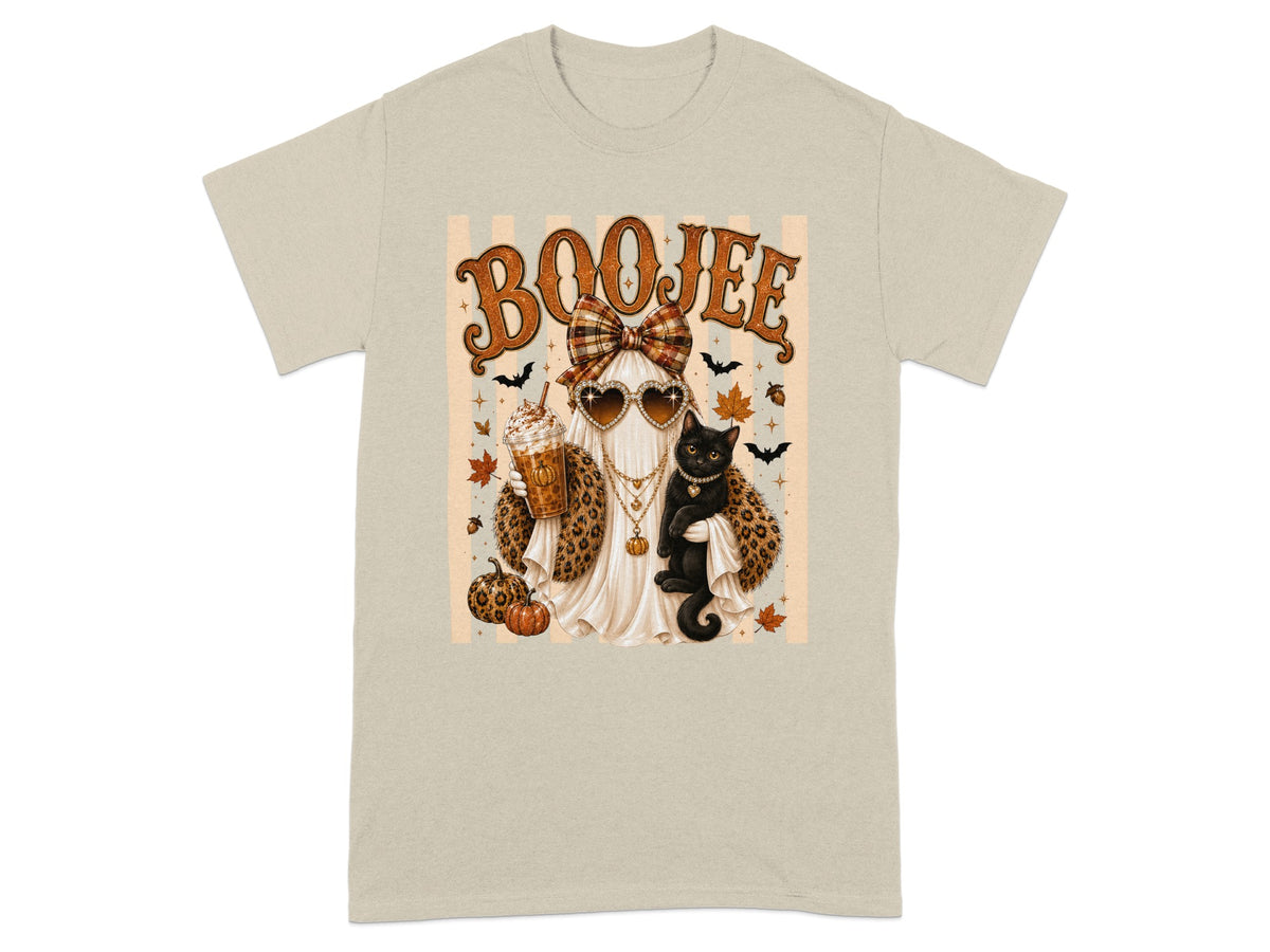 Ghost with leopard print, black cat, and coffee cup, text "BOOJEE"
