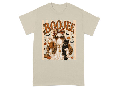 Ghost with leopard print, black cat, and coffee cup, text "BOOJEE"