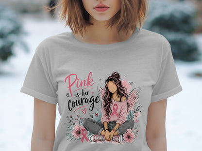 Gray t-shirt with illustration of girl, flowers, and text "Pink is her Courage".