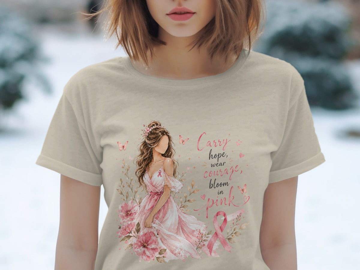 "Carry hope, wear courage, bloom in pink" text with a woman in a pink dress and floral accents.