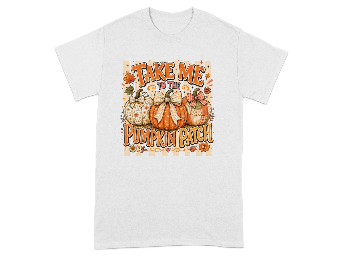 White t-shirt with "Take me to the pumpkin patch" text and three decorative pumpkins.