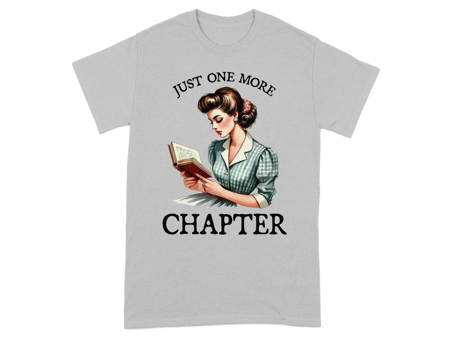 Retro illustration of woman reading book with text "Just One More Chapter".