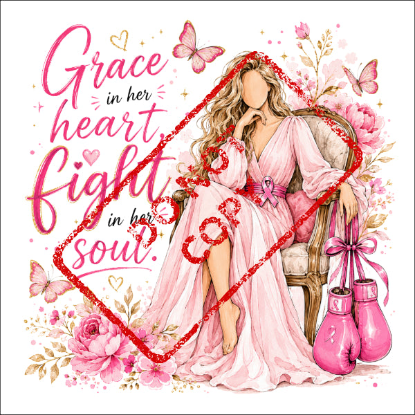 Woman in pink dress with "Grace in her heart, fight in her soul" text and boxing gloves.