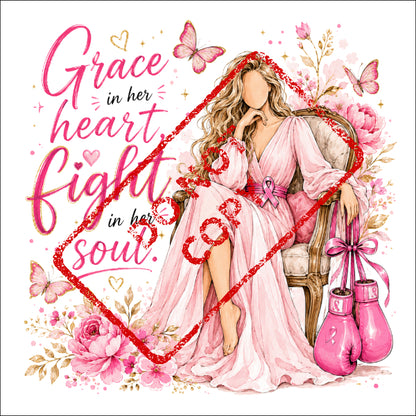 Woman in pink dress with "Grace in her heart, fight in her soul" text and boxing gloves.
