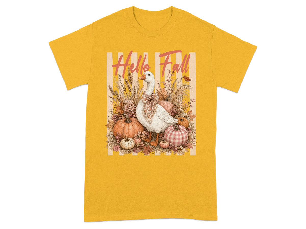 Yellow t-shirt with white duck, pumpkins, and "Hello Fall" text.