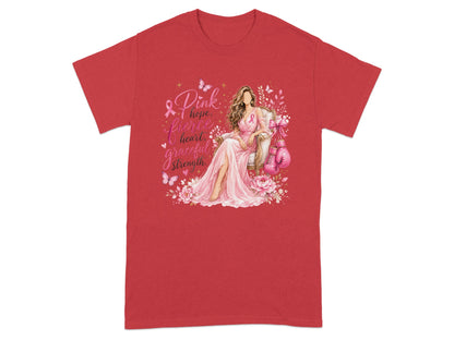Red t-shirt with "Pink hope, fierce heart, grateful strength" text and woman.