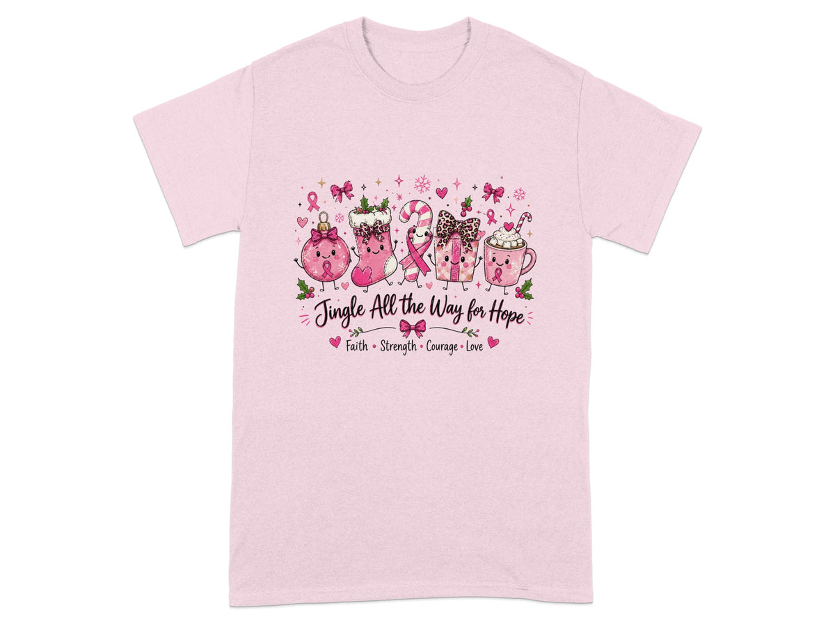 Pink t-shirt with "Jingle All the Way for Hope" text and Christmas graphics.