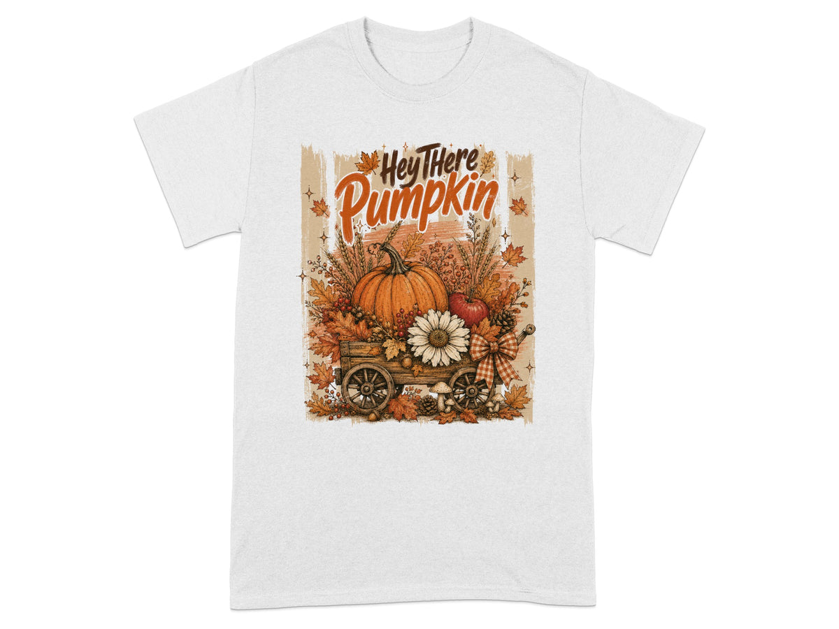 "Hey There Pumpkin" text above a wagon filled with a pumpkin and autumn foliage.