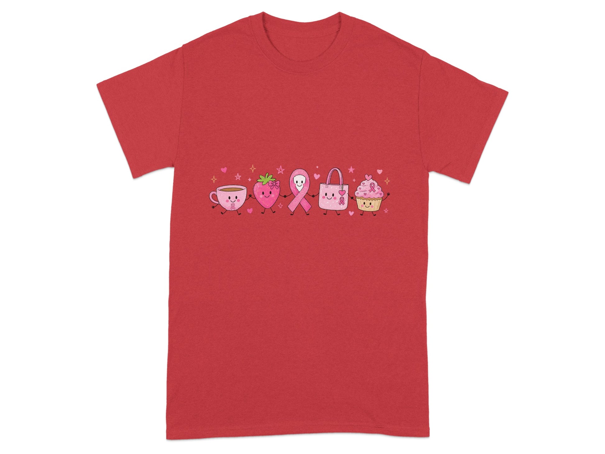 Cute cartoon coffee cup, strawberry, ribbon, bag, and cupcake with pink ribbon designs.