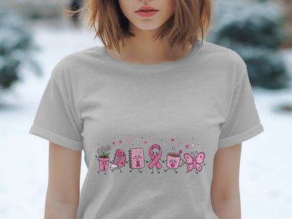 Pink ribbon design with animated flower pot, shoe, notebook, mug, and butterfly.
