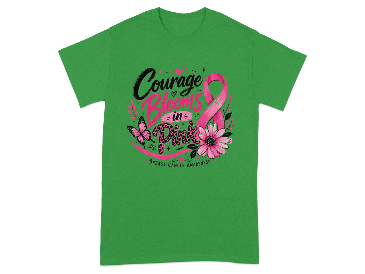 Green t-shirt with "Courage Blooms in Pink" and breast cancer awareness ribbon.