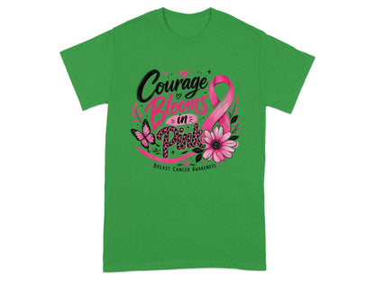 Green t-shirt with "Courage Blooms in Pink" and breast cancer awareness ribbon.