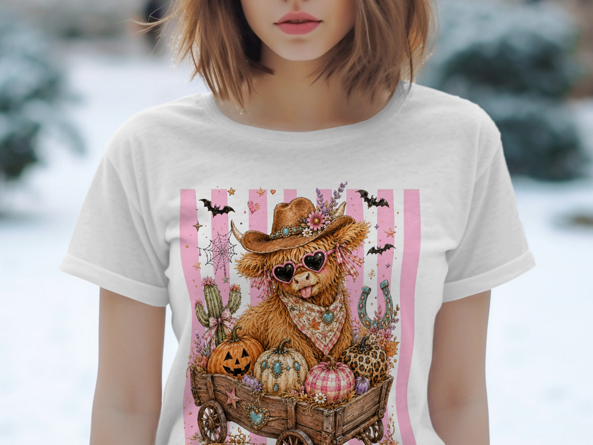 Highland cow in cowboy hat and heart sunglasses with pumpkins in wagon on pink stripes.