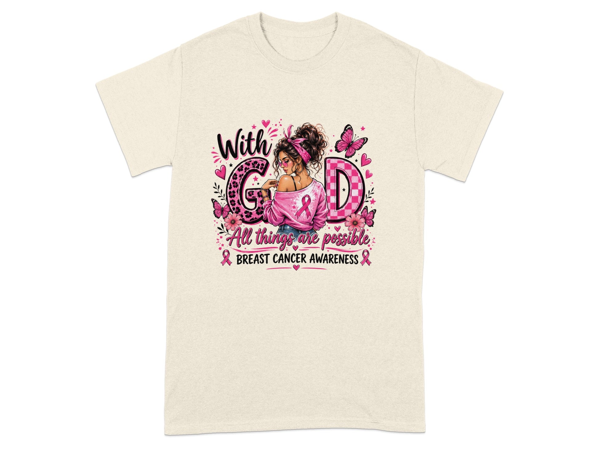Shirt with "With God All things are possible" breast cancer awareness graphic.