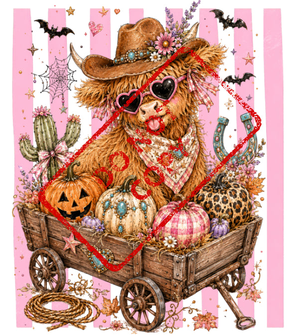 Highland cow wearing cowboy hat and heart sunglasses in wagon with pumpkins.
