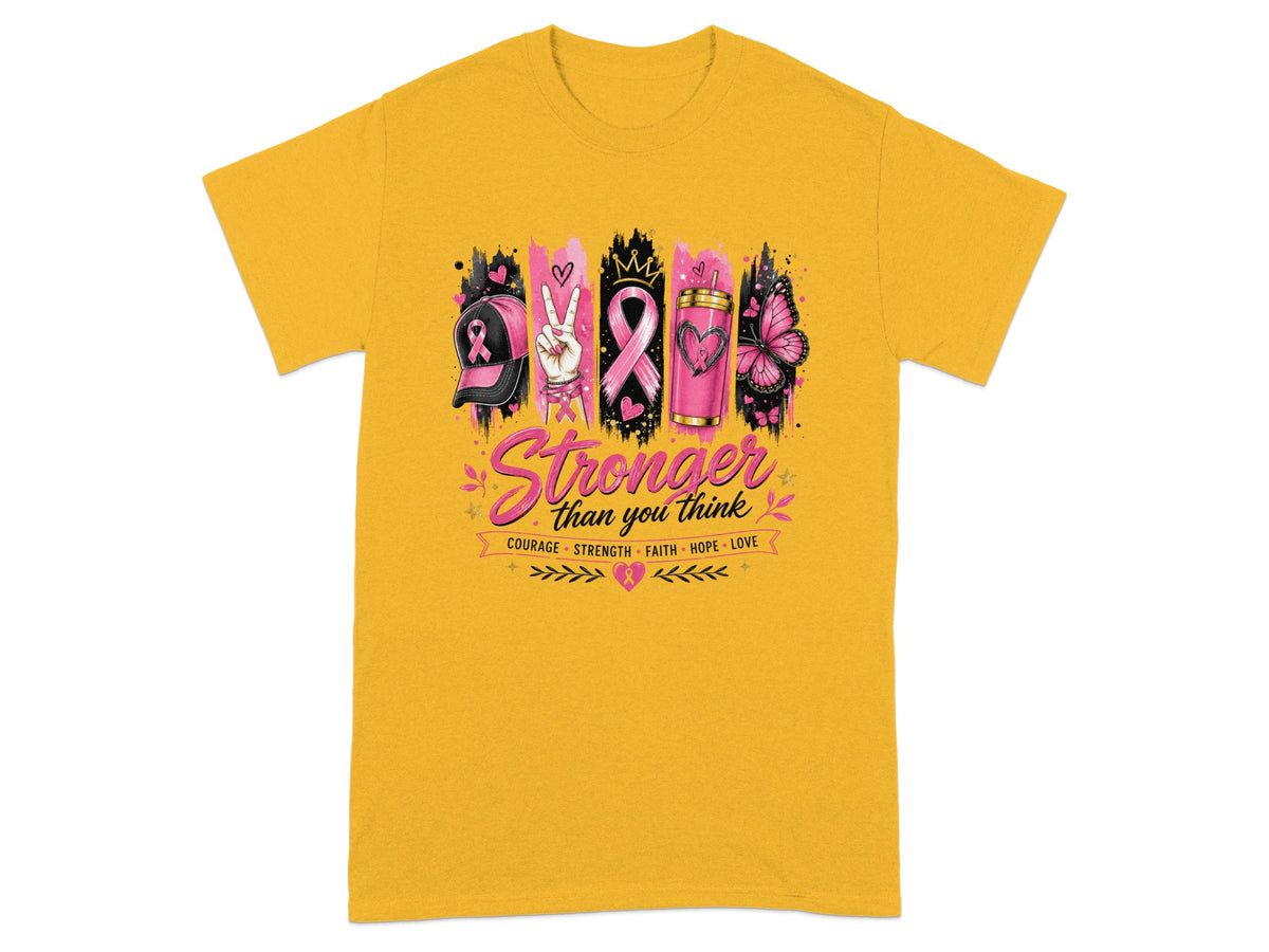 Pink breast cancer awareness graphics with text "Stronger than you think" and "Courage Strength Faith Hope Love".