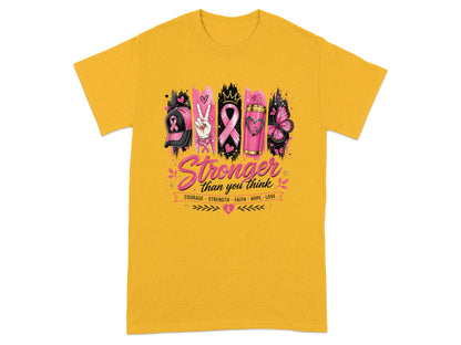 Pink breast cancer awareness graphics with text "Stronger than you think" and "Courage Strength Faith Hope Love".