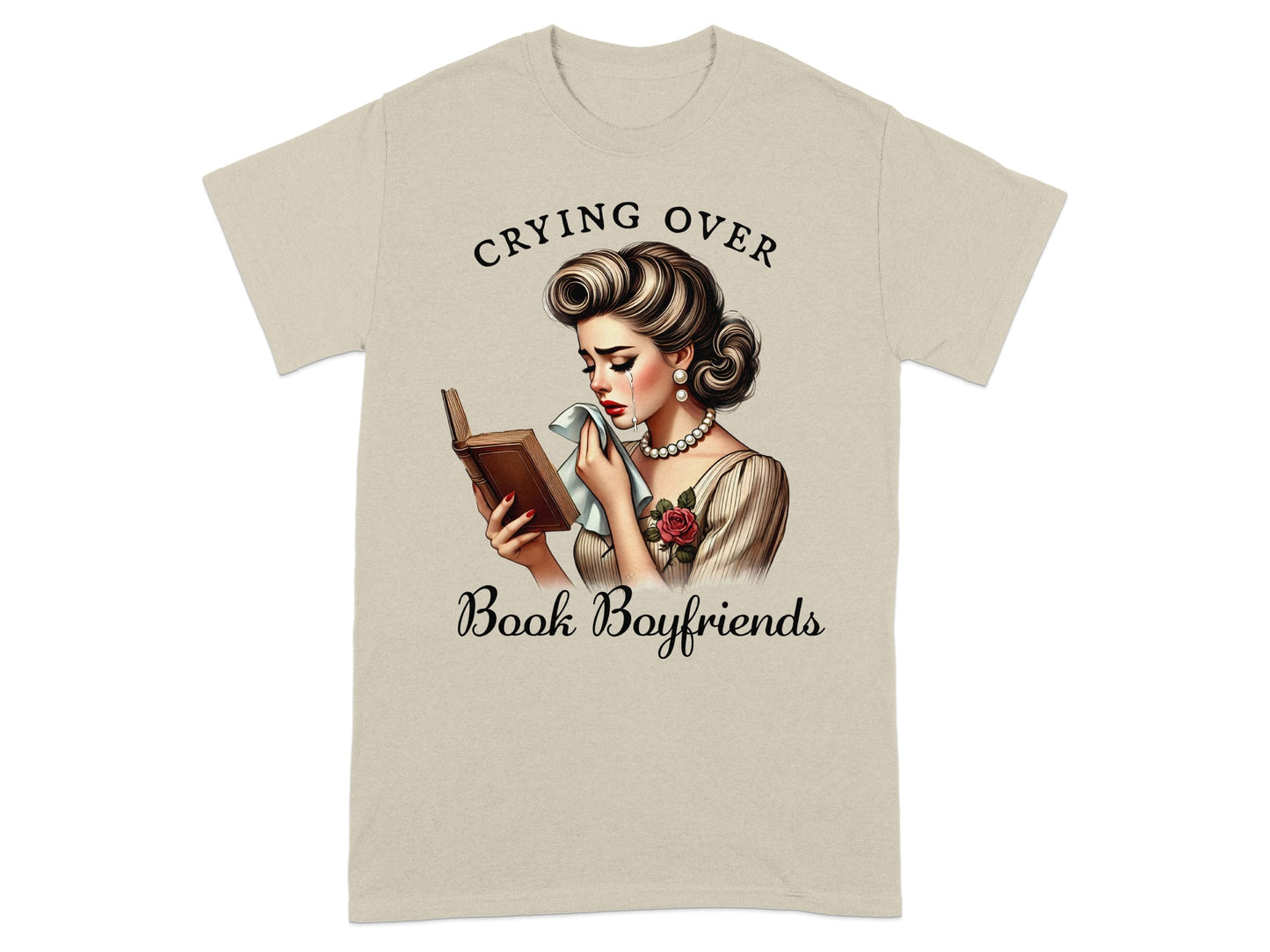 Vintage woman crying over a book with text "Crying Over Book Boyfriends".