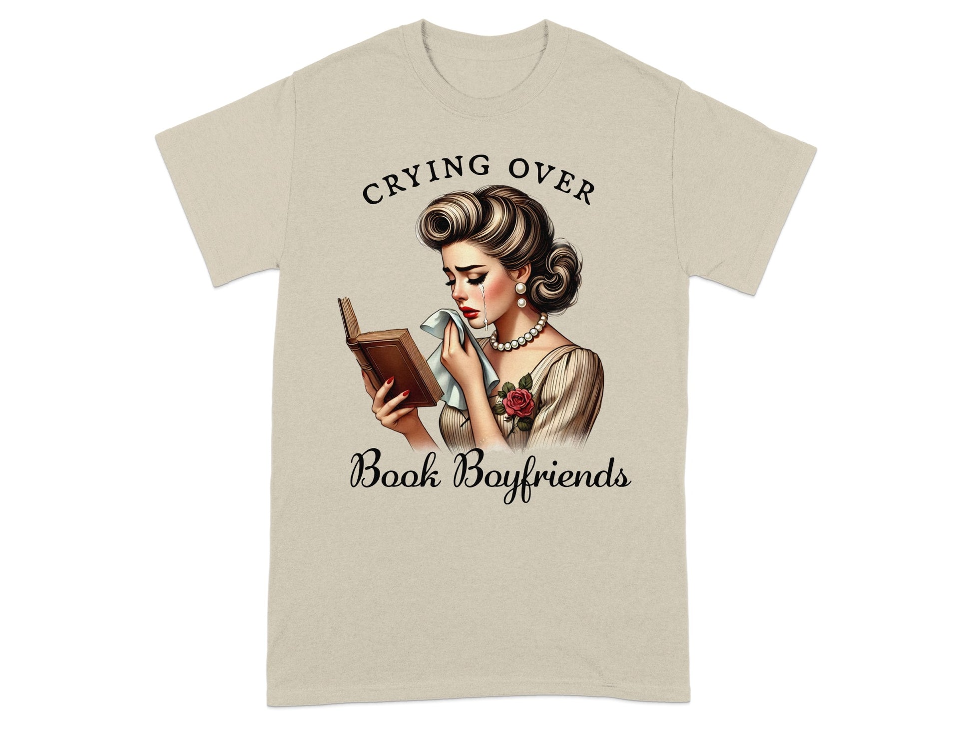 Vintage woman crying over a book with text "Crying Over Book Boyfriends".