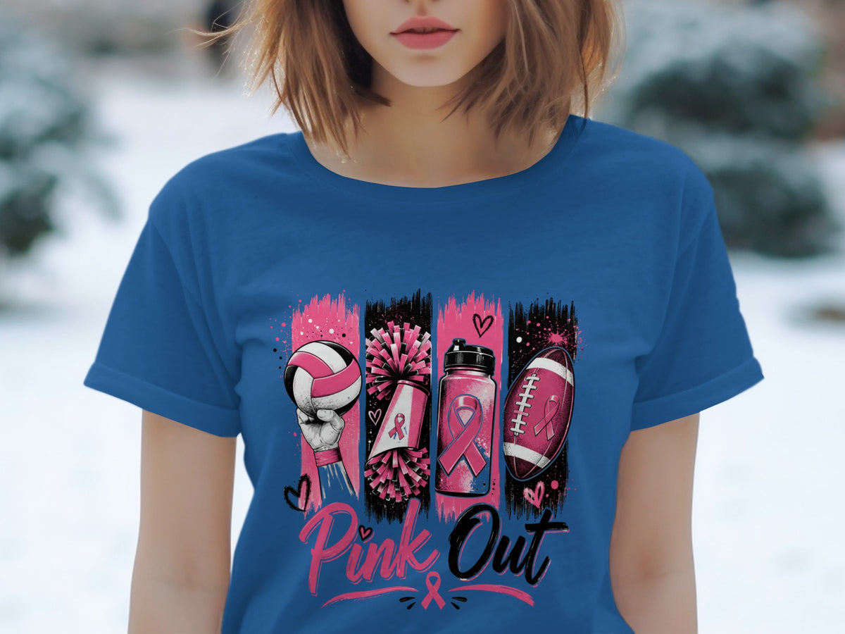 Volleyball, pom-pom, water bottle, and football with pink ribbons and "Pink Out" text.