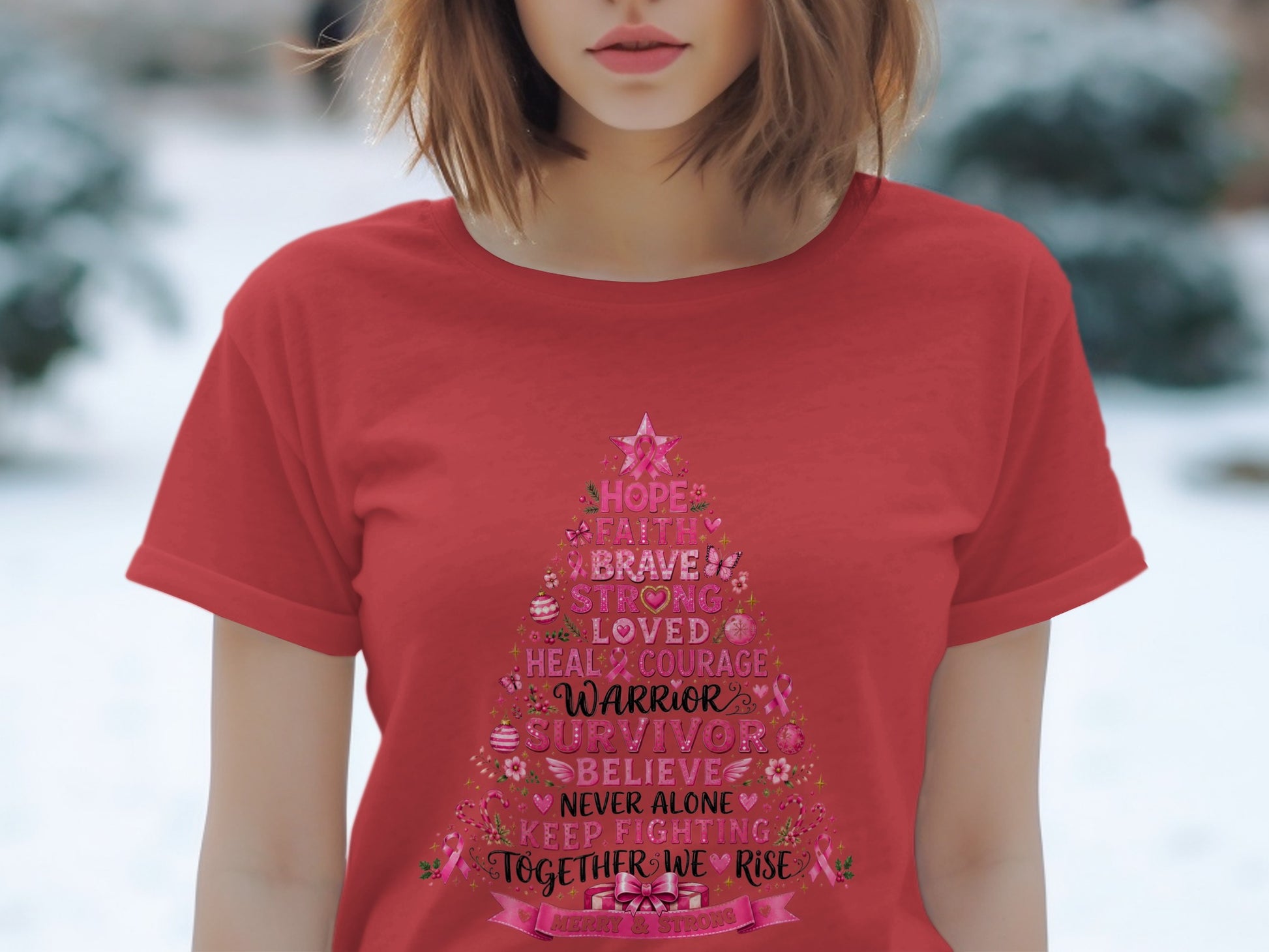 Red t-shirt with breast cancer awareness tree design listing words of encouragement.