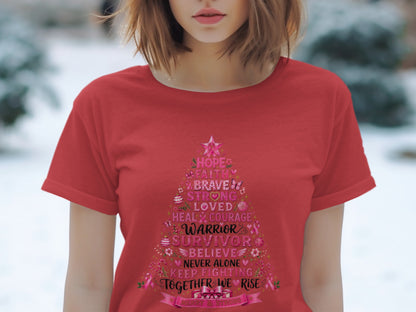Red t-shirt with breast cancer awareness tree design listing words of encouragement.