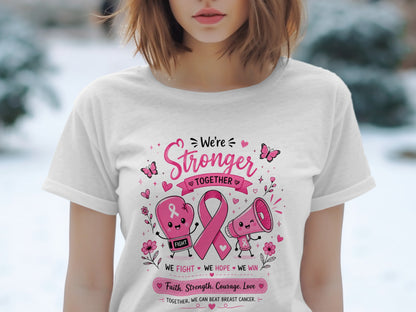 White t-shirt with "We're Stronger Together" and breast cancer awareness graphics.