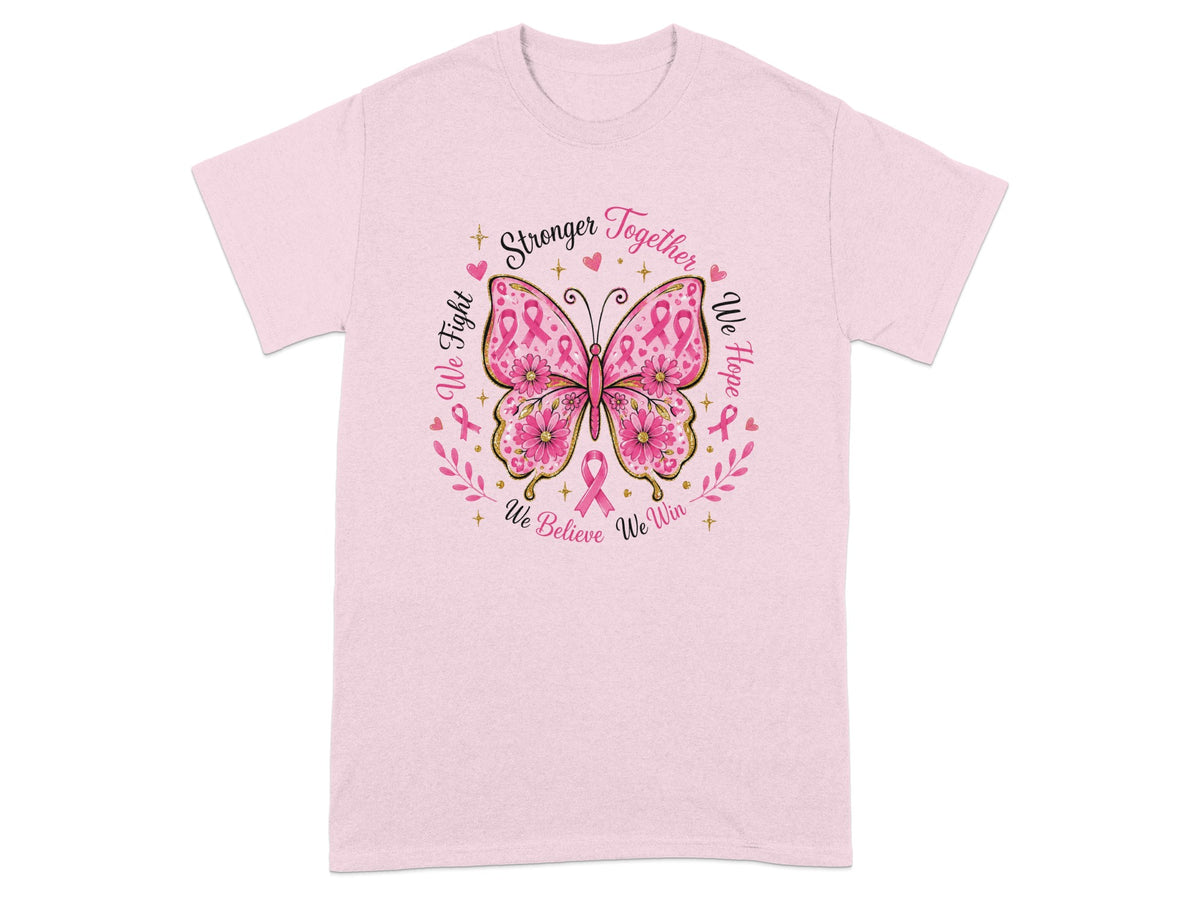 Pink t-shirt with butterfly design and breast cancer awareness ribbons, text reads "Stronger Together".
