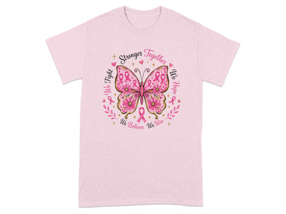 Pink t-shirt with butterfly design and breast cancer awareness ribbons, text reads "Stronger Together".