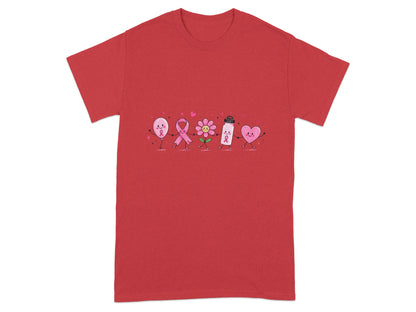 Red t-shirt with cartoon breast cancer awareness ribbon characters holding hands.