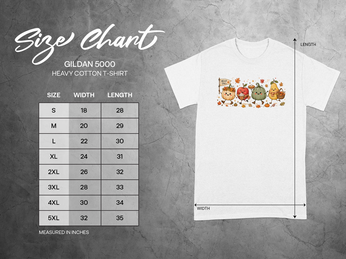 Gildan 5000 Heavy Cotton T-Shirt size chart with width and length measurements in inches.
