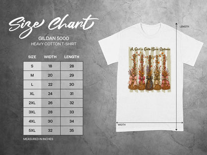 Gildan 5000 Heavy Cotton t-shirt size chart with width and length measurements.
